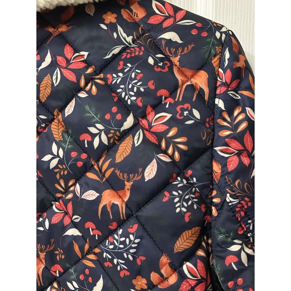 Talbots Womens Size XS Navy Ditsy Woodland Animal Print Quilted Bomber Jacket